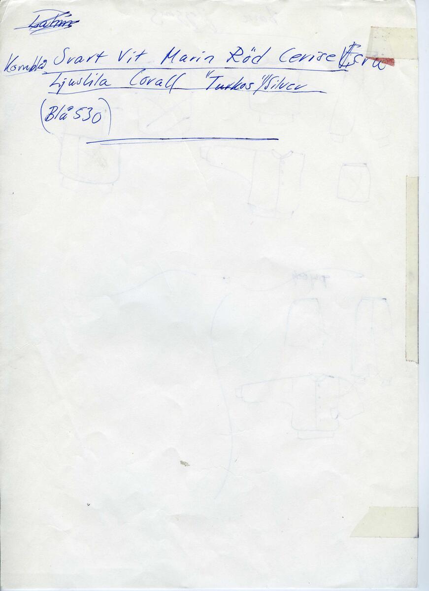 Skisser till olika herr, dam, barn och babykläder. Postorderkatalog, JACIE, Sommaren 1988 dam och barnkläder.