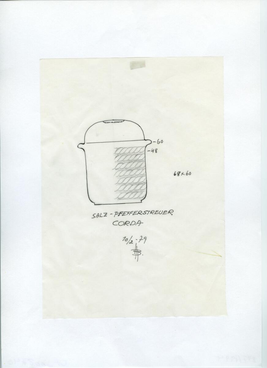 Skisser och referensmaterial till olika porslin- och glasföremål som grytor, kannor, koppar med fat, servisglas m.m. Bland annat formgivning för Rosenthal. Några skisskopior av Tapio Wirkkalas formgivning för Venini - inspirationsmaterial?