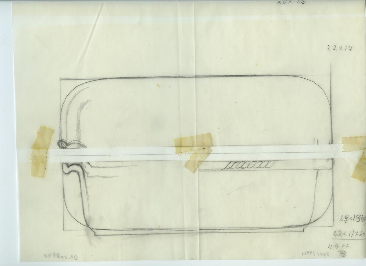 Skisser och referensmaterial till olika porslin- och glasföremål som grytor, kannor, koppar med fat, servisglas m.m. Bland annat formgivning för Rosenthal. Några skisskopior av Tapio Wirkkalas formgivning för Venini - inspirationsmaterial?