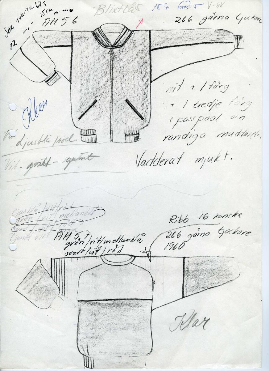 Skisser till olika herr, dam, barn och babykläder. Postorderkatalog, JACIE, Sommaren 1988 dam och barnkläder.