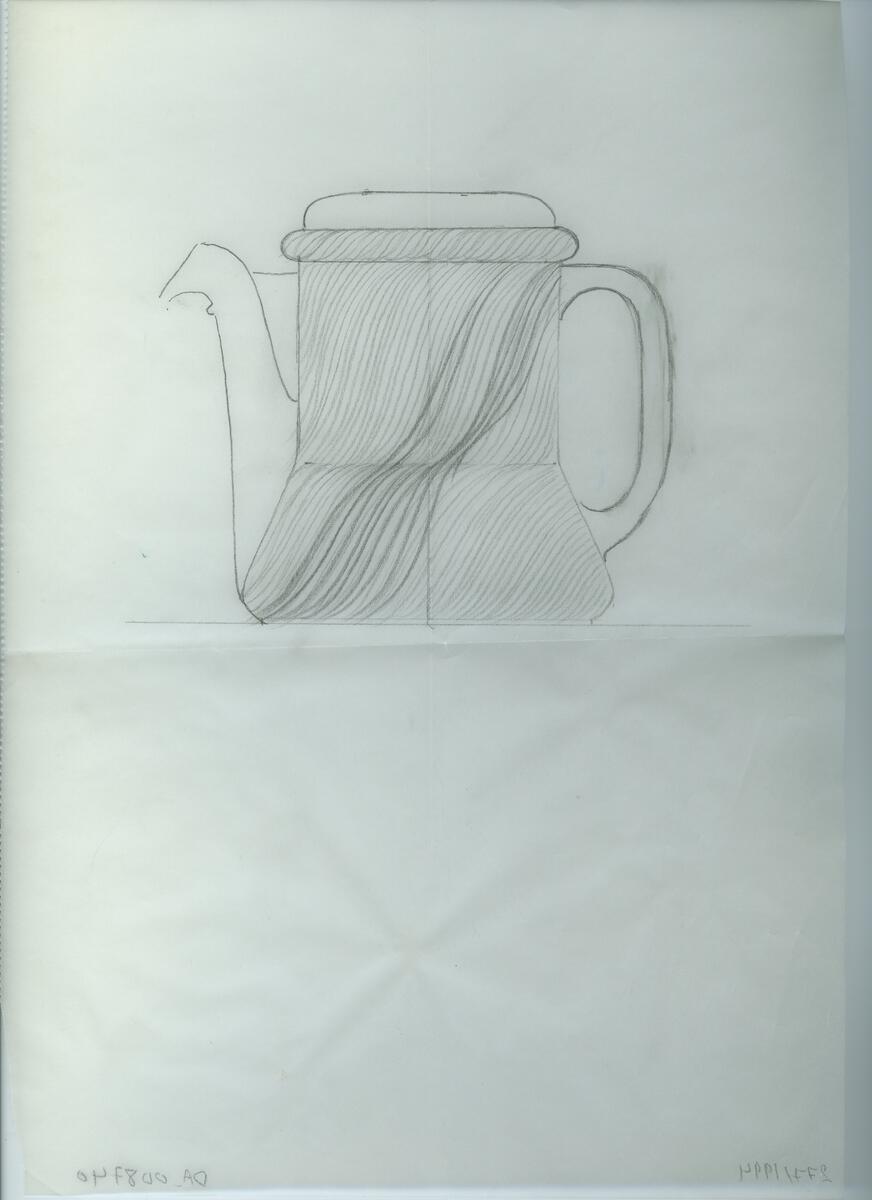 Skisser och referensmaterial till olika porslin- och glasföremål som grytor, kannor, koppar med fat, servisglas m.m. Bland annat formgivning för Rosenthal. Några skisskopior av Tapio Wirkkalas formgivning för Venini - inspirationsmaterial?