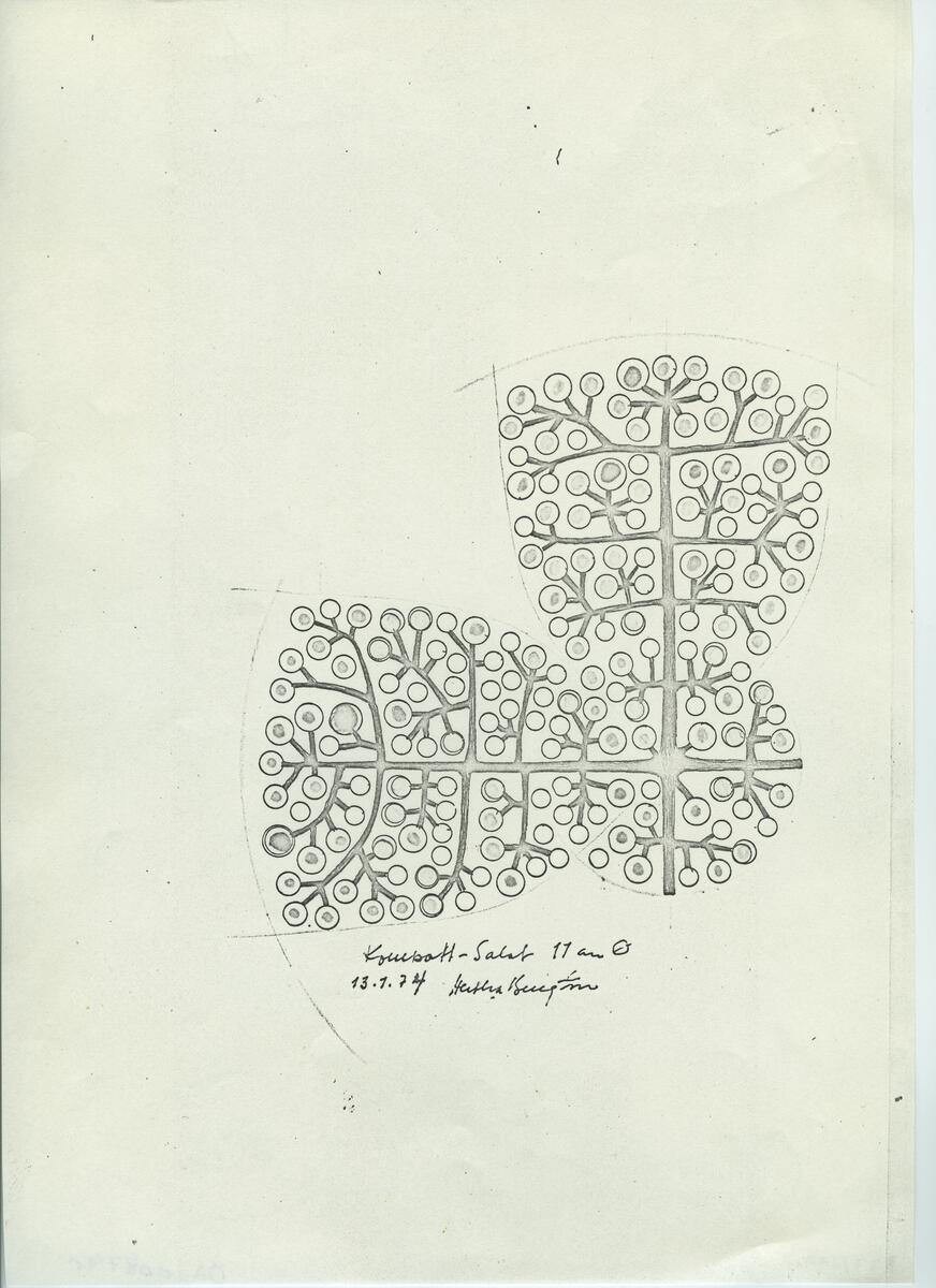 Skisser och referensmaterial till olika porslin- och glasföremål som grytor, kannor, koppar med fat, servisglas m.m. Bland annat formgivning för Rosenthal. Några skisskopior av Tapio Wirkkalas formgivning för Venini - inspirationsmaterial?