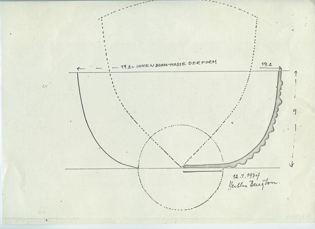 Skisser och referensmaterial till olika porslin- och glasföremål som grytor, kannor, koppar med fat, servisglas m.m. Bland annat formgivning för Rosenthal. Några skisskopior av Tapio Wirkkalas formgivning för Venini - inspirationsmaterial?