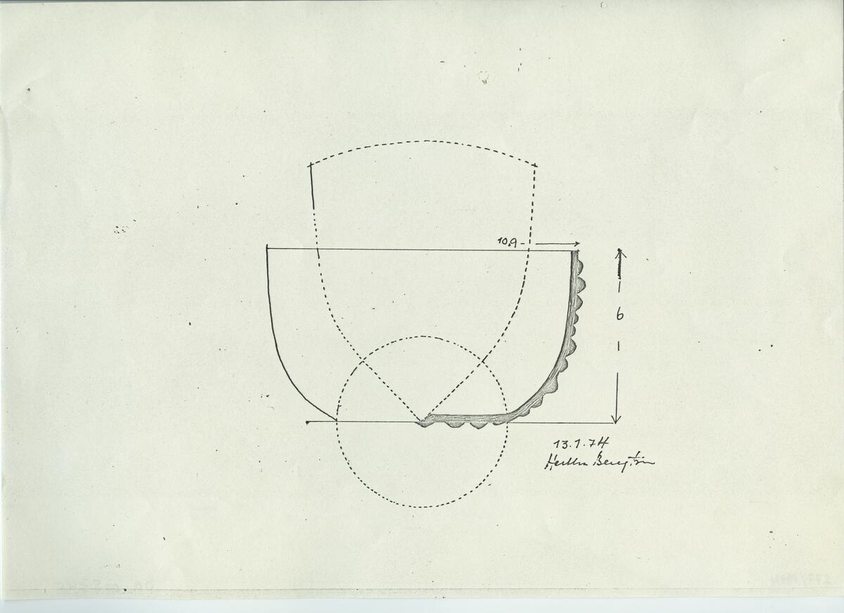 Skisser och referensmaterial till olika porslin- och glasföremål som grytor, kannor, koppar med fat, servisglas m.m. Bland annat formgivning för Rosenthal. Några skisskopior av Tapio Wirkkalas formgivning för Venini - inspirationsmaterial?