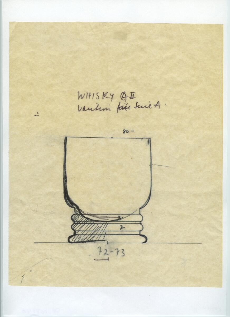 Skisser och referensmaterial till olika porslin- och glasföremål som grytor, kannor, koppar med fat, servisglas m.m. Bland annat formgivning för Rosenthal. Några skisskopior av Tapio Wirkkalas formgivning för Venini - inspirationsmaterial?