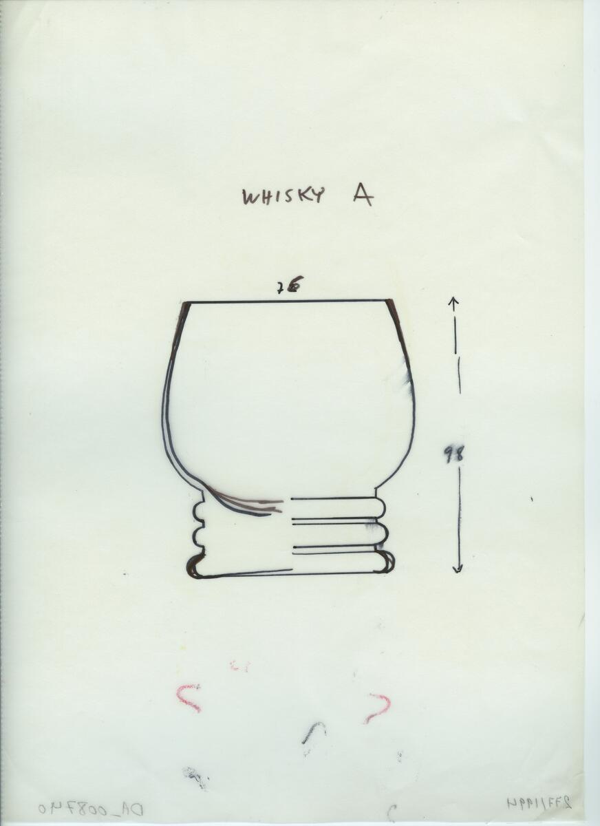 Skisser och referensmaterial till olika porslin- och glasföremål som grytor, kannor, koppar med fat, servisglas m.m. Bland annat formgivning för Rosenthal. Några skisskopior av Tapio Wirkkalas formgivning för Venini - inspirationsmaterial?
