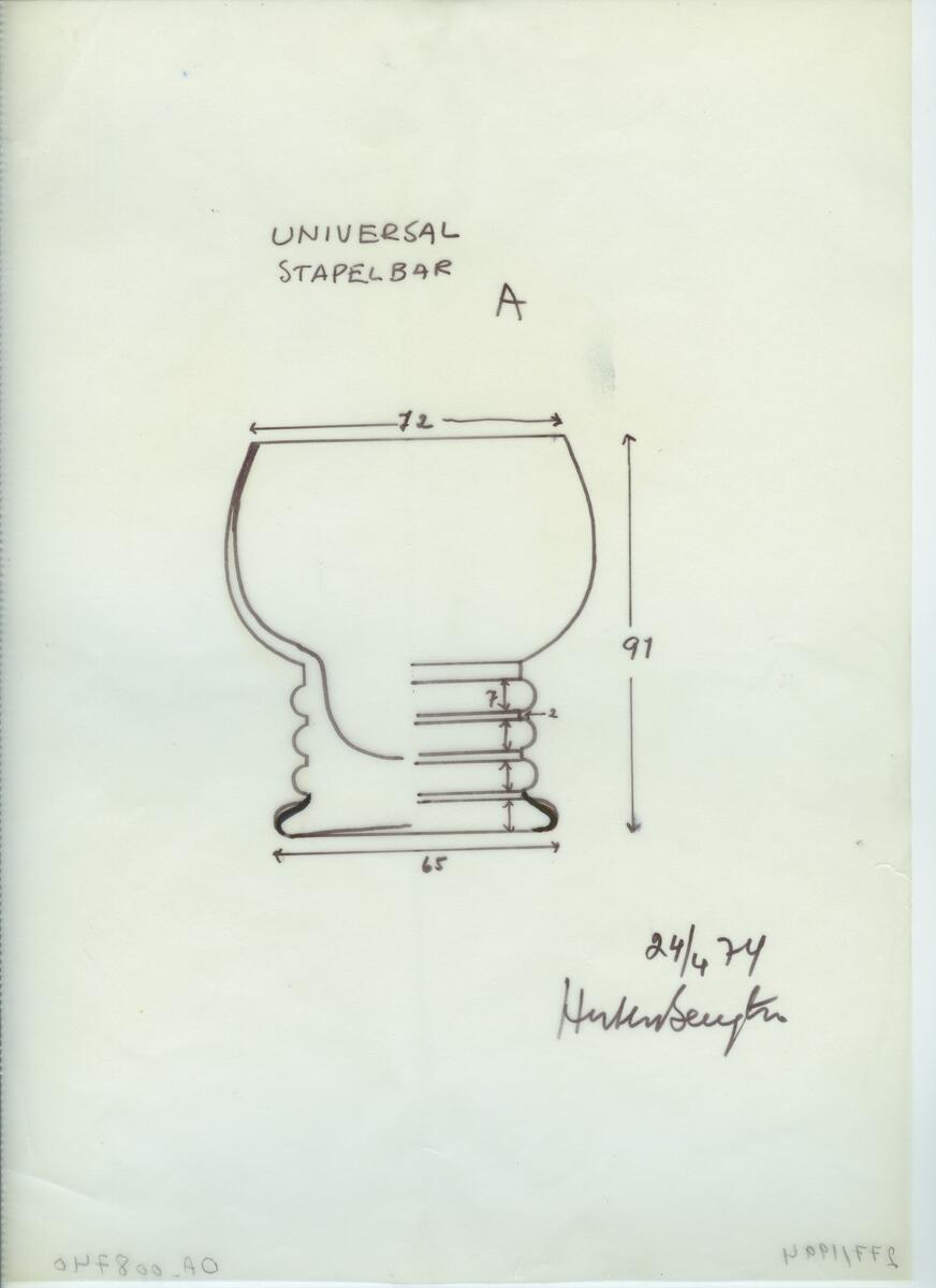 Skisser och referensmaterial till olika porslin- och glasföremål som grytor, kannor, koppar med fat, servisglas m.m. Bland annat formgivning för Rosenthal. Några skisskopior av Tapio Wirkkalas formgivning för Venini - inspirationsmaterial?