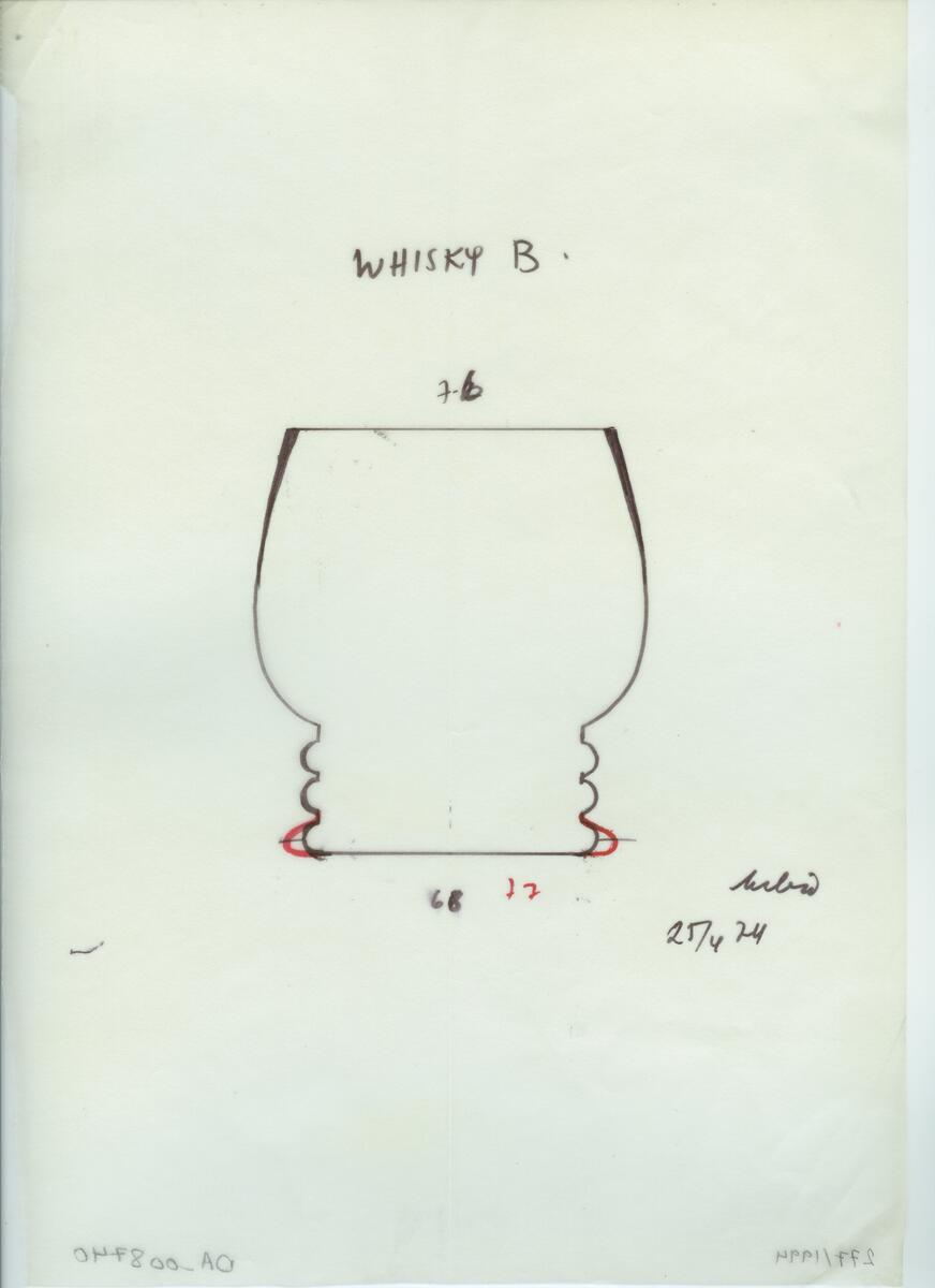Skisser och referensmaterial till olika porslin- och glasföremål som grytor, kannor, koppar med fat, servisglas m.m. Bland annat formgivning för Rosenthal. Några skisskopior av Tapio Wirkkalas formgivning för Venini - inspirationsmaterial?
