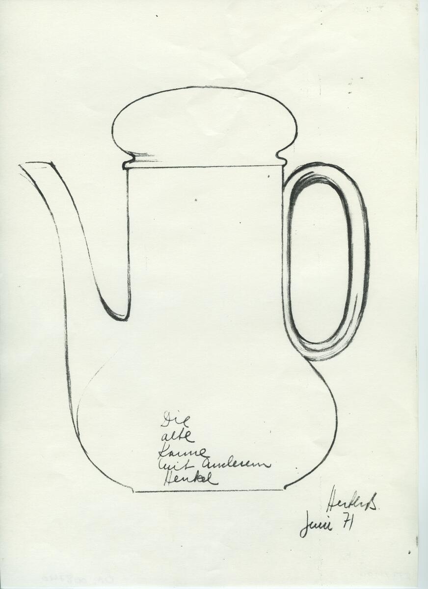 Skisser och referensmaterial till olika porslin- och glasföremål som grytor, kannor, koppar med fat, servisglas m.m. Bland annat formgivning för Rosenthal. Några skisskopior av Tapio Wirkkalas formgivning för Venini - inspirationsmaterial?