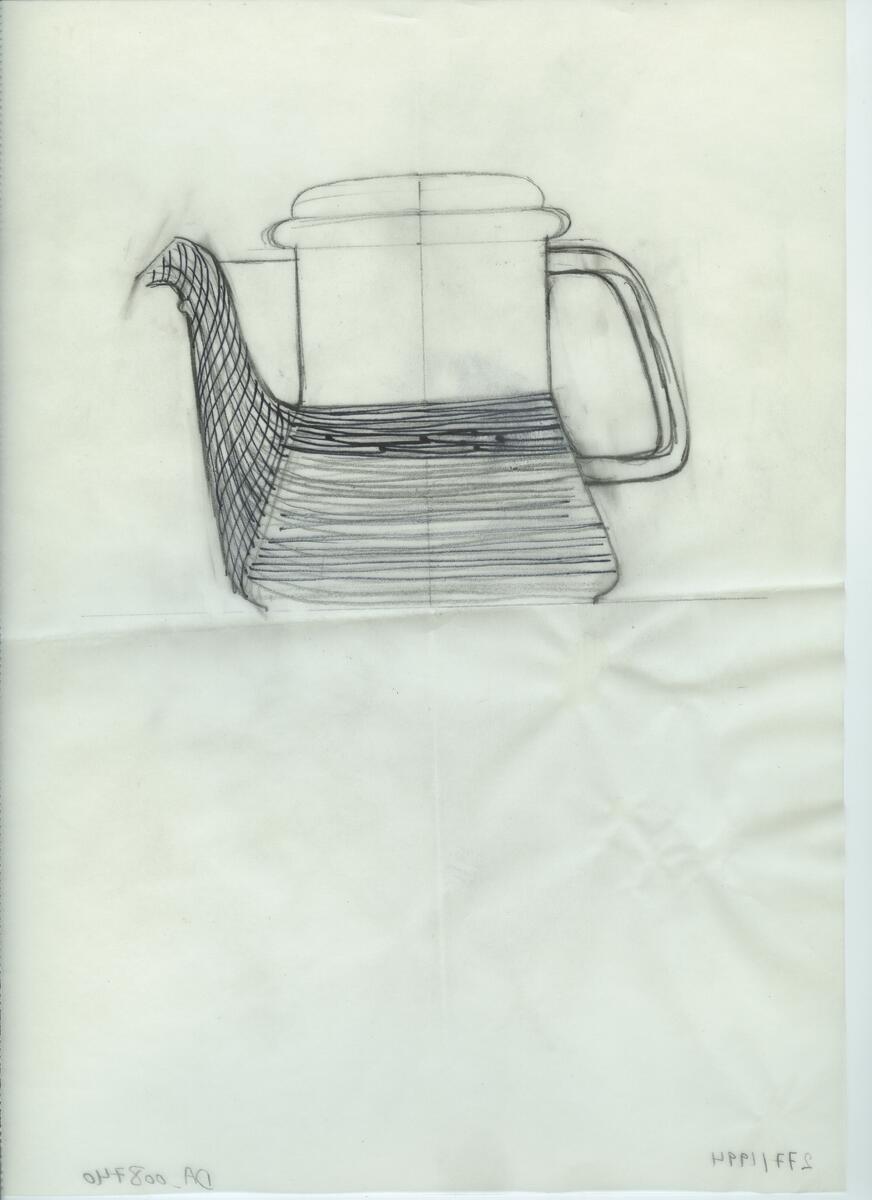 Skisser och referensmaterial till olika porslin- och glasföremål som grytor, kannor, koppar med fat, servisglas m.m. Bland annat formgivning för Rosenthal. Några skisskopior av Tapio Wirkkalas formgivning för Venini - inspirationsmaterial?