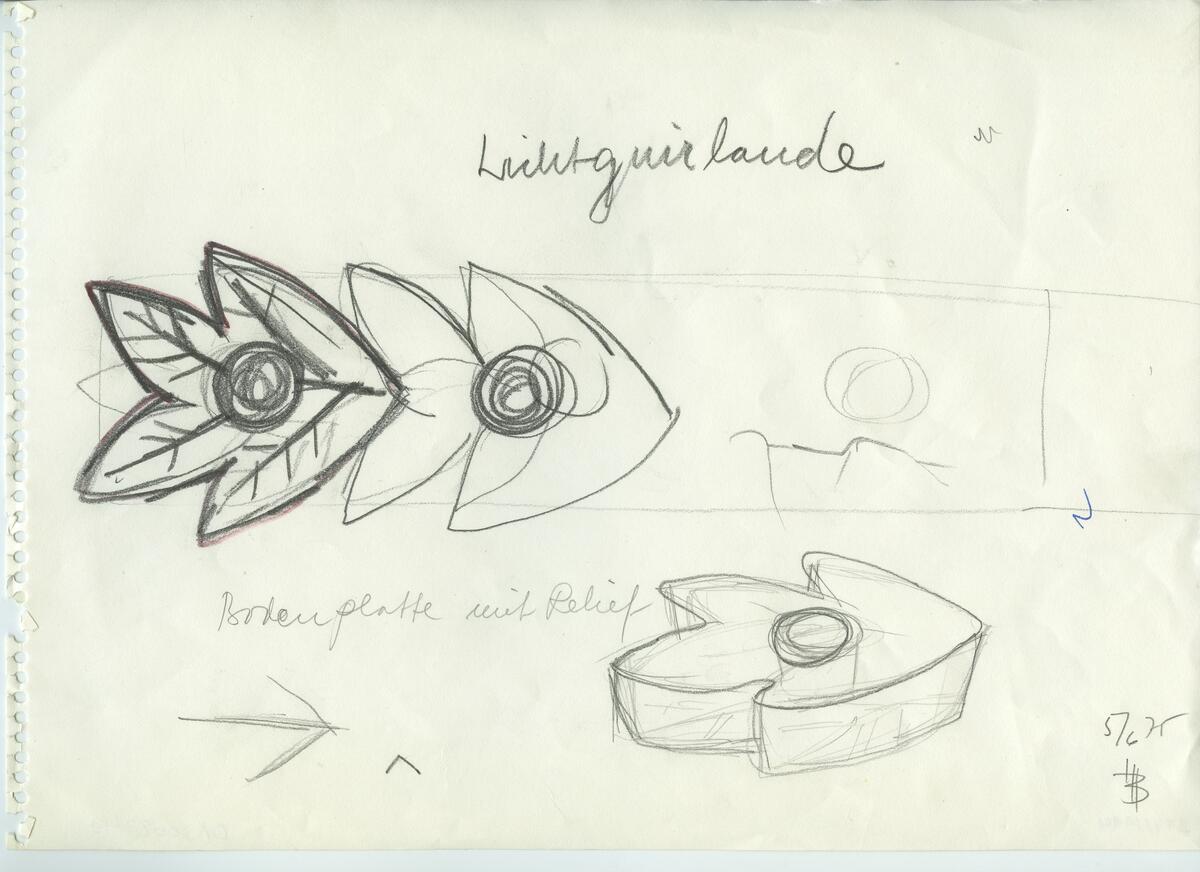Skisser och referensmaterial till olika porslin- och glasföremål som grytor, kannor, koppar med fat, servisglas m.m. Bland annat formgivning för Rosenthal. Några skisskopior av Tapio Wirkkalas formgivning för Venini - inspirationsmaterial?