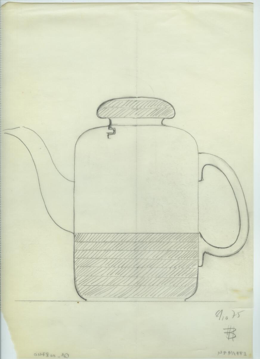 Skisser och referensmaterial till olika porslin- och glasföremål som grytor, kannor, koppar med fat, servisglas m.m. Bland annat formgivning för Rosenthal. Några skisskopior av Tapio Wirkkalas formgivning för Venini - inspirationsmaterial?