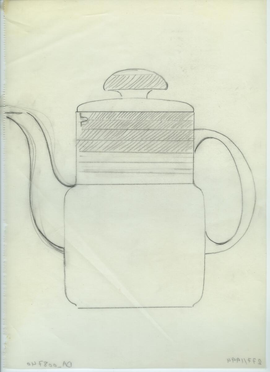 Skisser och referensmaterial till olika porslin- och glasföremål som grytor, kannor, koppar med fat, servisglas m.m. Bland annat formgivning för Rosenthal. Några skisskopior av Tapio Wirkkalas formgivning för Venini - inspirationsmaterial?