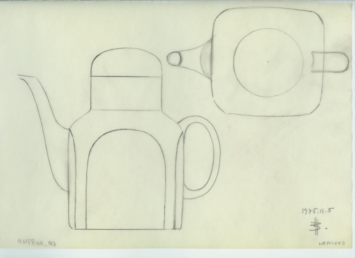 Skisser och referensmaterial till olika porslin- och glasföremål som grytor, kannor, koppar med fat, servisglas m.m. Bland annat formgivning för Rosenthal. Några skisskopior av Tapio Wirkkalas formgivning för Venini - inspirationsmaterial?