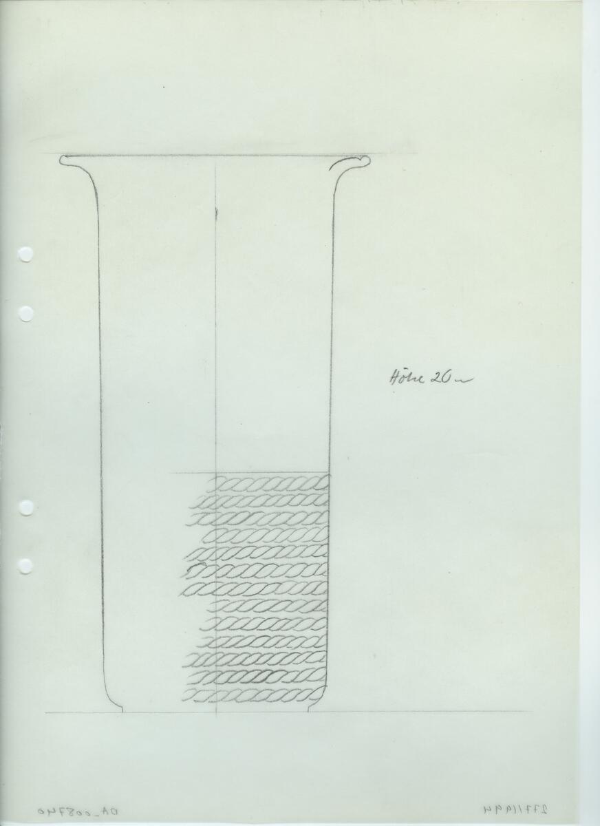 Skisser och referensmaterial till olika porslin- och glasföremål som grytor, kannor, koppar med fat, servisglas m.m. Bland annat formgivning för Rosenthal. Några skisskopior av Tapio Wirkkalas formgivning för Venini - inspirationsmaterial?