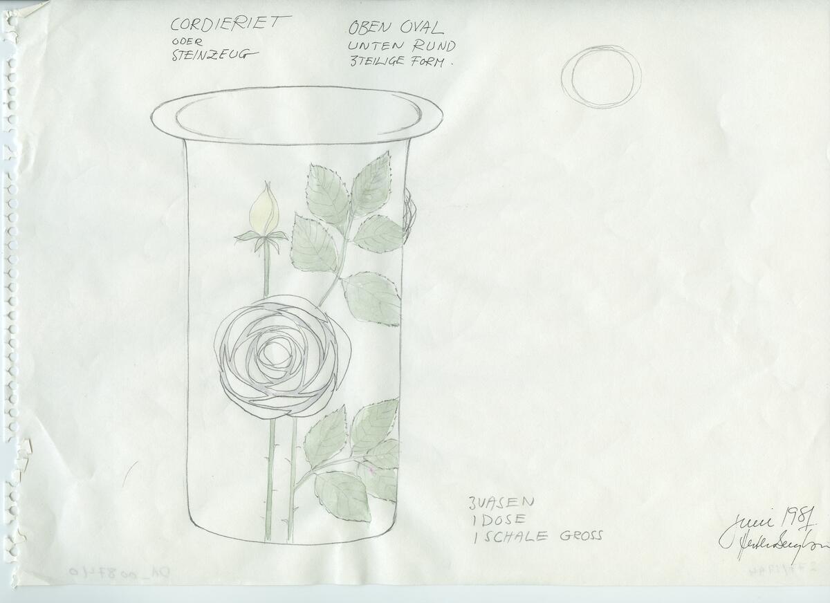 Skisser och referensmaterial till olika porslin- och glasföremål som grytor, kannor, koppar med fat, servisglas m.m. Bland annat formgivning för Rosenthal. Några skisskopior av Tapio Wirkkalas formgivning för Venini - inspirationsmaterial?