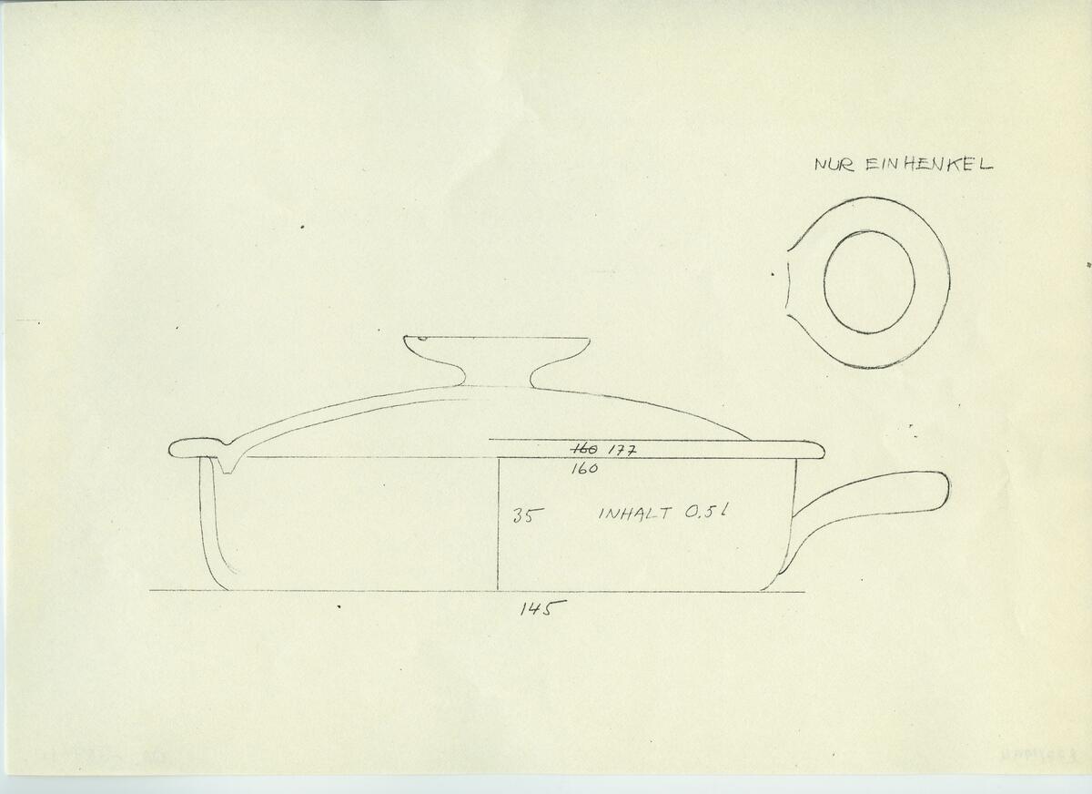 Skisser och referensmaterial till olika porslin- och glasföremål som grytor, kannor, koppar med fat, servisglas m.m. Bland annat formgivning för Rosenthal. Några skisskopior av Tapio Wirkkalas formgivning för Venini - inspirationsmaterial?