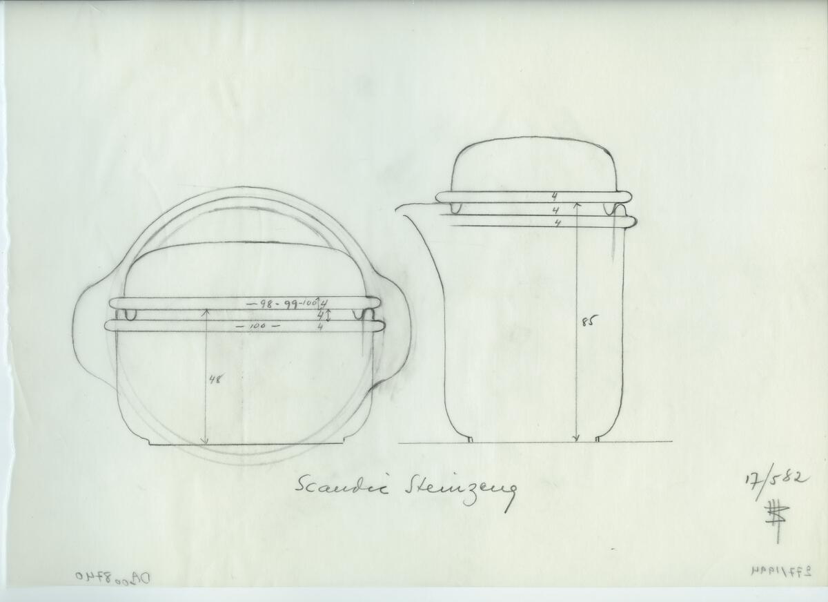 Skisser och referensmaterial till olika porslin- och glasföremål som grytor, kannor, koppar med fat, servisglas m.m. Bland annat formgivning för Rosenthal. Några skisskopior av Tapio Wirkkalas formgivning för Venini - inspirationsmaterial?