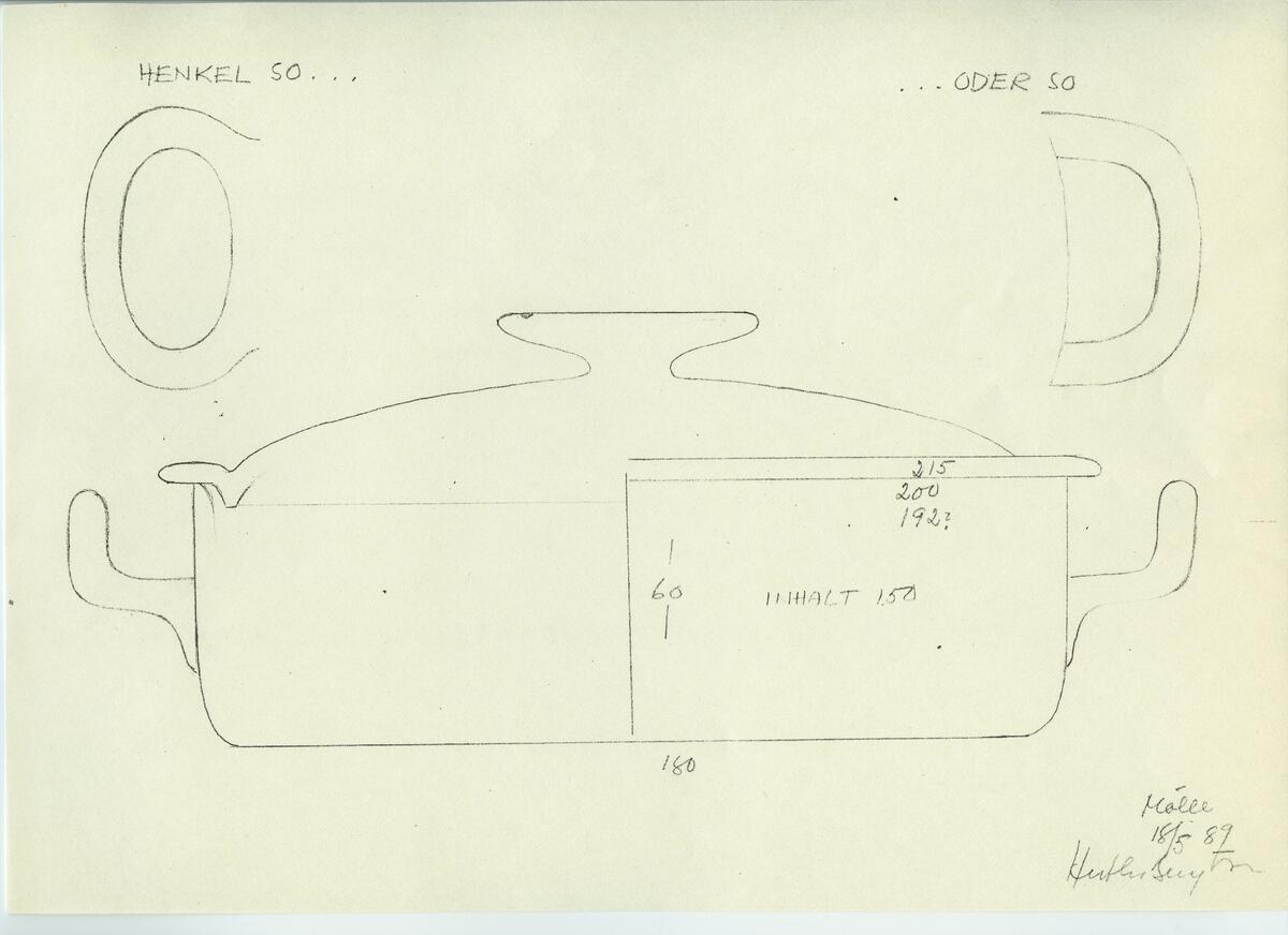 Skisser och referensmaterial till olika porslin- och glasföremål som grytor, kannor, koppar med fat, servisglas m.m. Bland annat formgivning för Rosenthal. Några skisskopior av Tapio Wirkkalas formgivning för Venini - inspirationsmaterial?