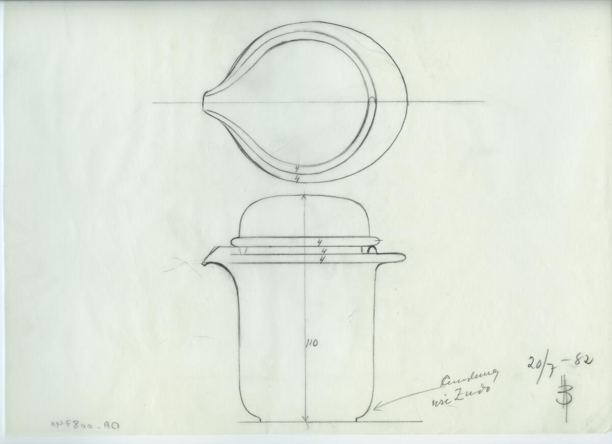 Skisser och referensmaterial till olika porslin- och glasföremål som grytor, kannor, koppar med fat, servisglas m.m. Bland annat formgivning för Rosenthal. Några skisskopior av Tapio Wirkkalas formgivning för Venini - inspirationsmaterial?