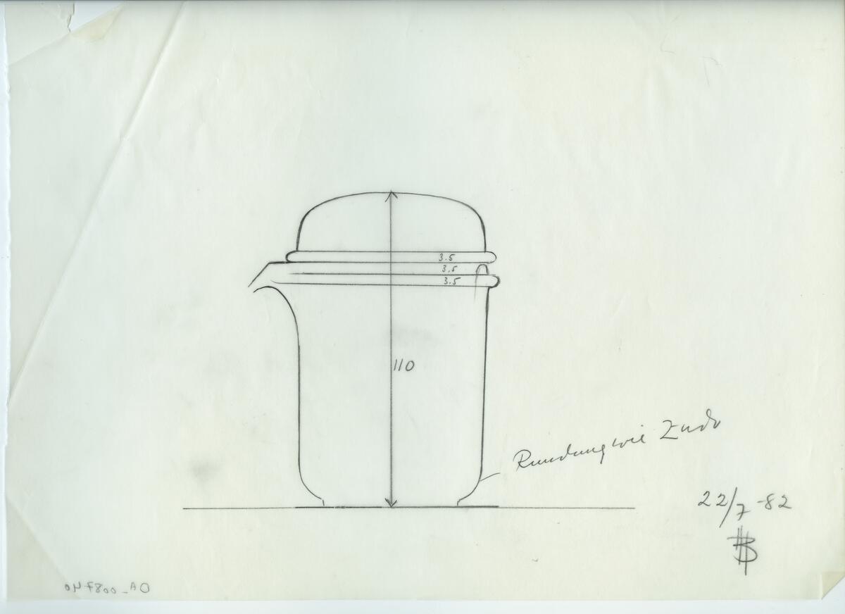 Skisser och referensmaterial till olika porslin- och glasföremål som grytor, kannor, koppar med fat, servisglas m.m. Bland annat formgivning för Rosenthal. Några skisskopior av Tapio Wirkkalas formgivning för Venini - inspirationsmaterial?