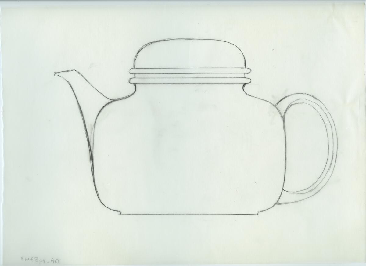 Skisser och referensmaterial till olika porslin- och glasföremål som grytor, kannor, koppar med fat, servisglas m.m. Bland annat formgivning för Rosenthal. Några skisskopior av Tapio Wirkkalas formgivning för Venini - inspirationsmaterial?