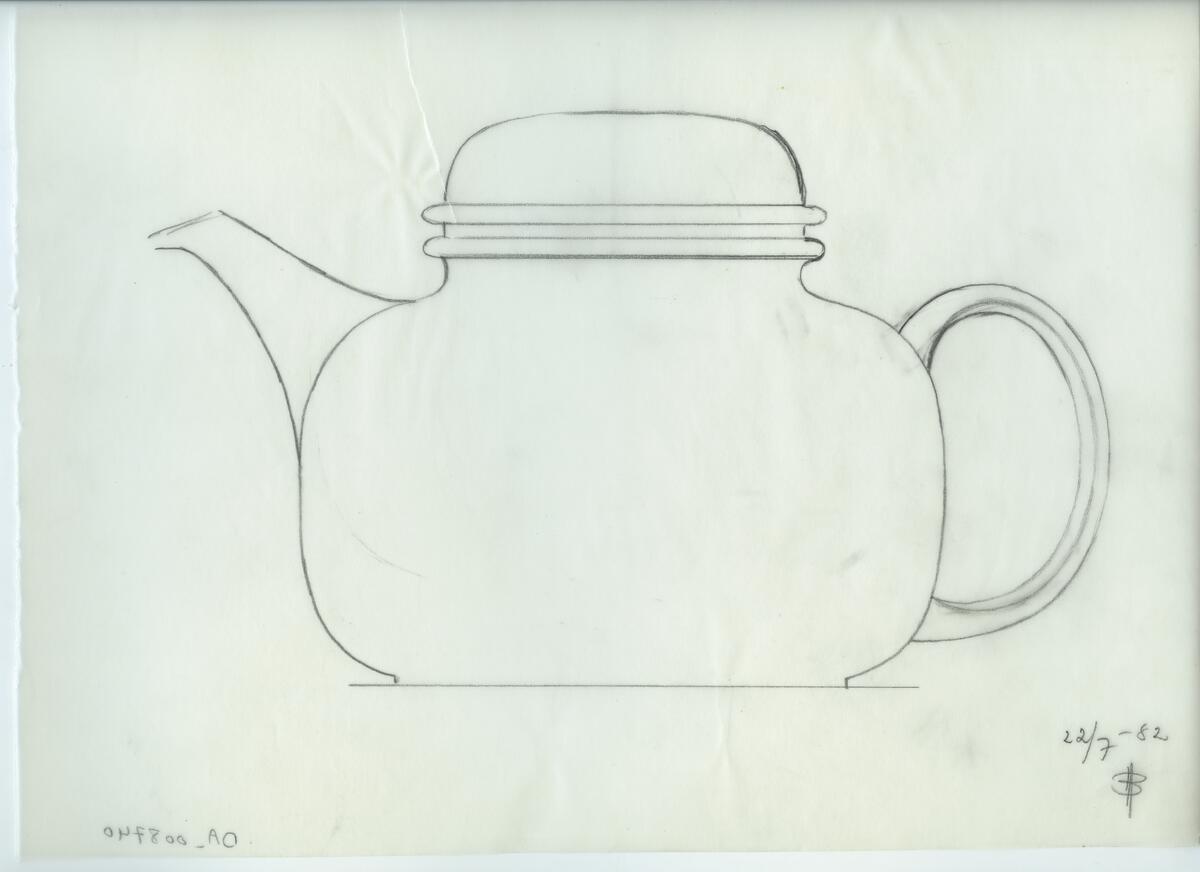 Skisser och referensmaterial till olika porslin- och glasföremål som grytor, kannor, koppar med fat, servisglas m.m. Bland annat formgivning för Rosenthal. Några skisskopior av Tapio Wirkkalas formgivning för Venini - inspirationsmaterial?
