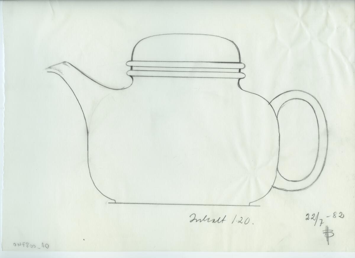 Skisser och referensmaterial till olika porslin- och glasföremål som grytor, kannor, koppar med fat, servisglas m.m. Bland annat formgivning för Rosenthal. Några skisskopior av Tapio Wirkkalas formgivning för Venini - inspirationsmaterial?