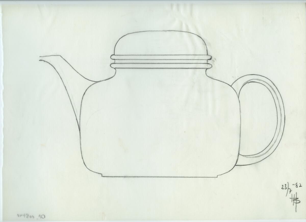 Skisser och referensmaterial till olika porslin- och glasföremål som grytor, kannor, koppar med fat, servisglas m.m. Bland annat formgivning för Rosenthal. Några skisskopior av Tapio Wirkkalas formgivning för Venini - inspirationsmaterial?