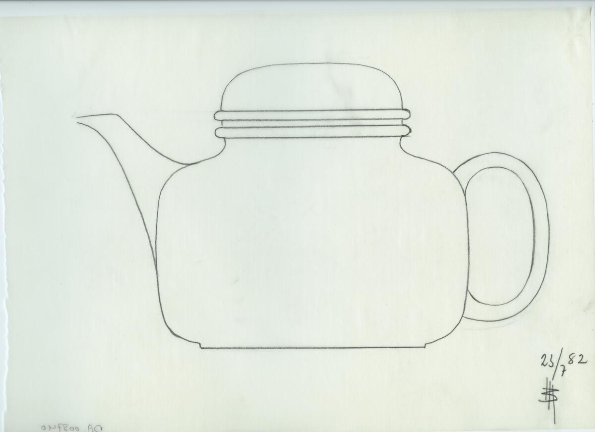 Skisser och referensmaterial till olika porslin- och glasföremål som grytor, kannor, koppar med fat, servisglas m.m. Bland annat formgivning för Rosenthal. Några skisskopior av Tapio Wirkkalas formgivning för Venini - inspirationsmaterial?