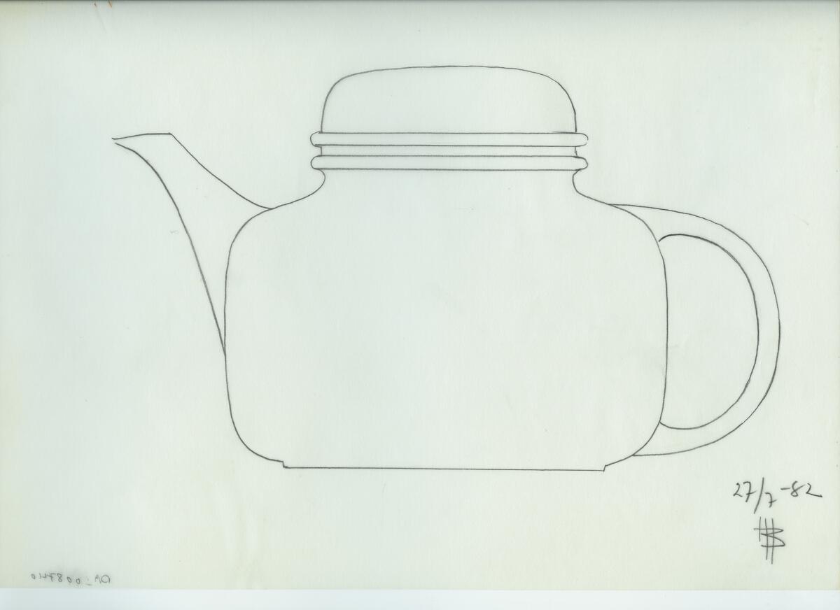 Skisser och referensmaterial till olika porslin- och glasföremål som grytor, kannor, koppar med fat, servisglas m.m. Bland annat formgivning för Rosenthal. Några skisskopior av Tapio Wirkkalas formgivning för Venini - inspirationsmaterial?