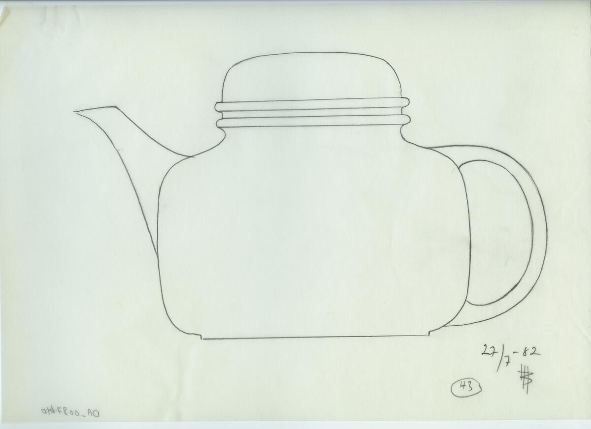 Skisser och referensmaterial till olika porslin- och glasföremål som grytor, kannor, koppar med fat, servisglas m.m. Bland annat formgivning för Rosenthal. Några skisskopior av Tapio Wirkkalas formgivning för Venini - inspirationsmaterial?