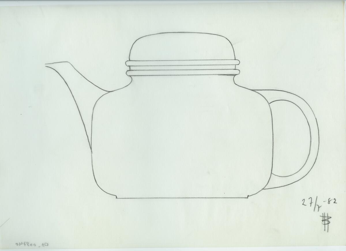 Skisser och referensmaterial till olika porslin- och glasföremål som grytor, kannor, koppar med fat, servisglas m.m. Bland annat formgivning för Rosenthal. Några skisskopior av Tapio Wirkkalas formgivning för Venini - inspirationsmaterial?