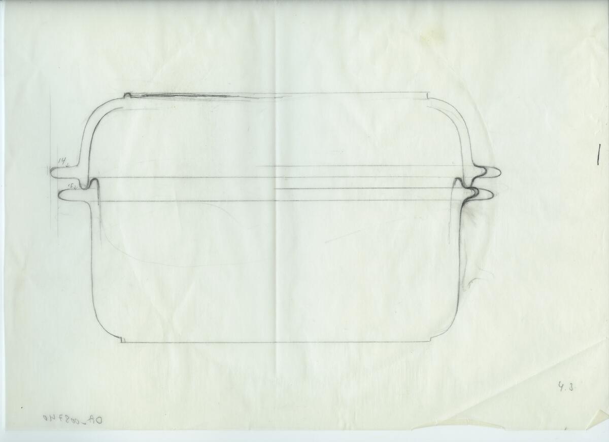 Skisser och referensmaterial till olika porslin- och glasföremål som grytor, kannor, koppar med fat, servisglas m.m. Bland annat formgivning för Rosenthal. Några skisskopior av Tapio Wirkkalas formgivning för Venini - inspirationsmaterial?