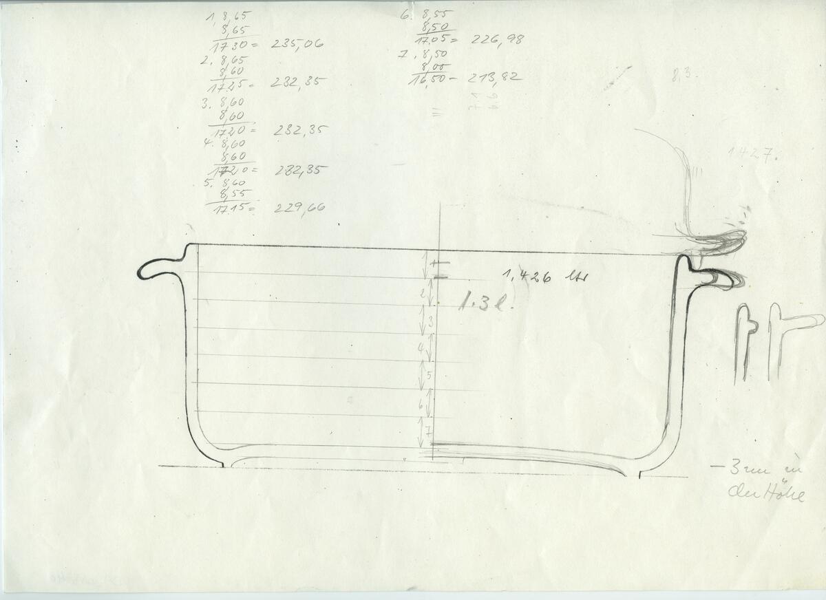 Skisser och referensmaterial till olika porslin- och glasföremål som grytor, kannor, koppar med fat, servisglas m.m. Bland annat formgivning för Rosenthal. Några skisskopior av Tapio Wirkkalas formgivning för Venini - inspirationsmaterial?