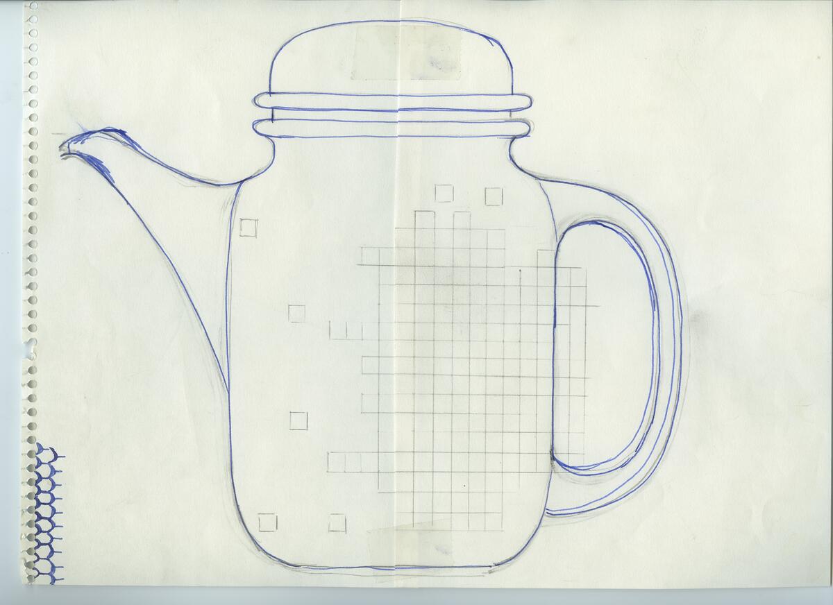 Skisser och referensmaterial till olika porslin- och glasföremål som grytor, kannor, koppar med fat, servisglas m.m. Bland annat formgivning för Rosenthal. Några skisskopior av Tapio Wirkkalas formgivning för Venini - inspirationsmaterial?