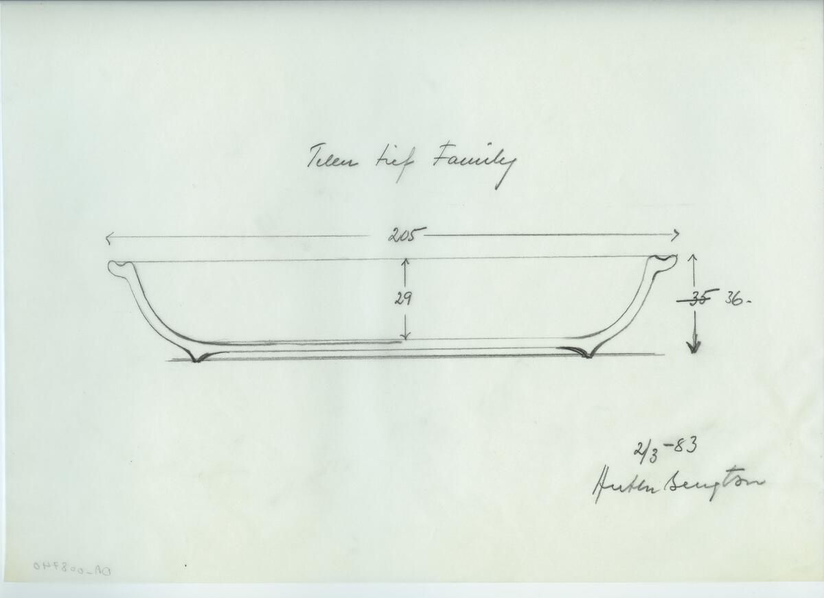 Skisser och referensmaterial till olika porslin- och glasföremål som grytor, kannor, koppar med fat, servisglas m.m. Bland annat formgivning för Rosenthal. Några skisskopior av Tapio Wirkkalas formgivning för Venini - inspirationsmaterial?