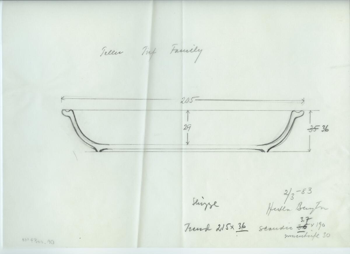 Skisser och referensmaterial till olika porslin- och glasföremål som grytor, kannor, koppar med fat, servisglas m.m. Bland annat formgivning för Rosenthal. Några skisskopior av Tapio Wirkkalas formgivning för Venini - inspirationsmaterial?