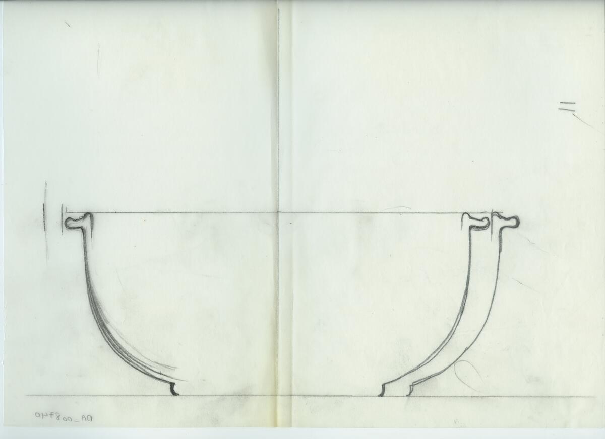 Skisser och referensmaterial till olika porslin- och glasföremål som grytor, kannor, koppar med fat, servisglas m.m. Bland annat formgivning för Rosenthal. Några skisskopior av Tapio Wirkkalas formgivning för Venini - inspirationsmaterial?