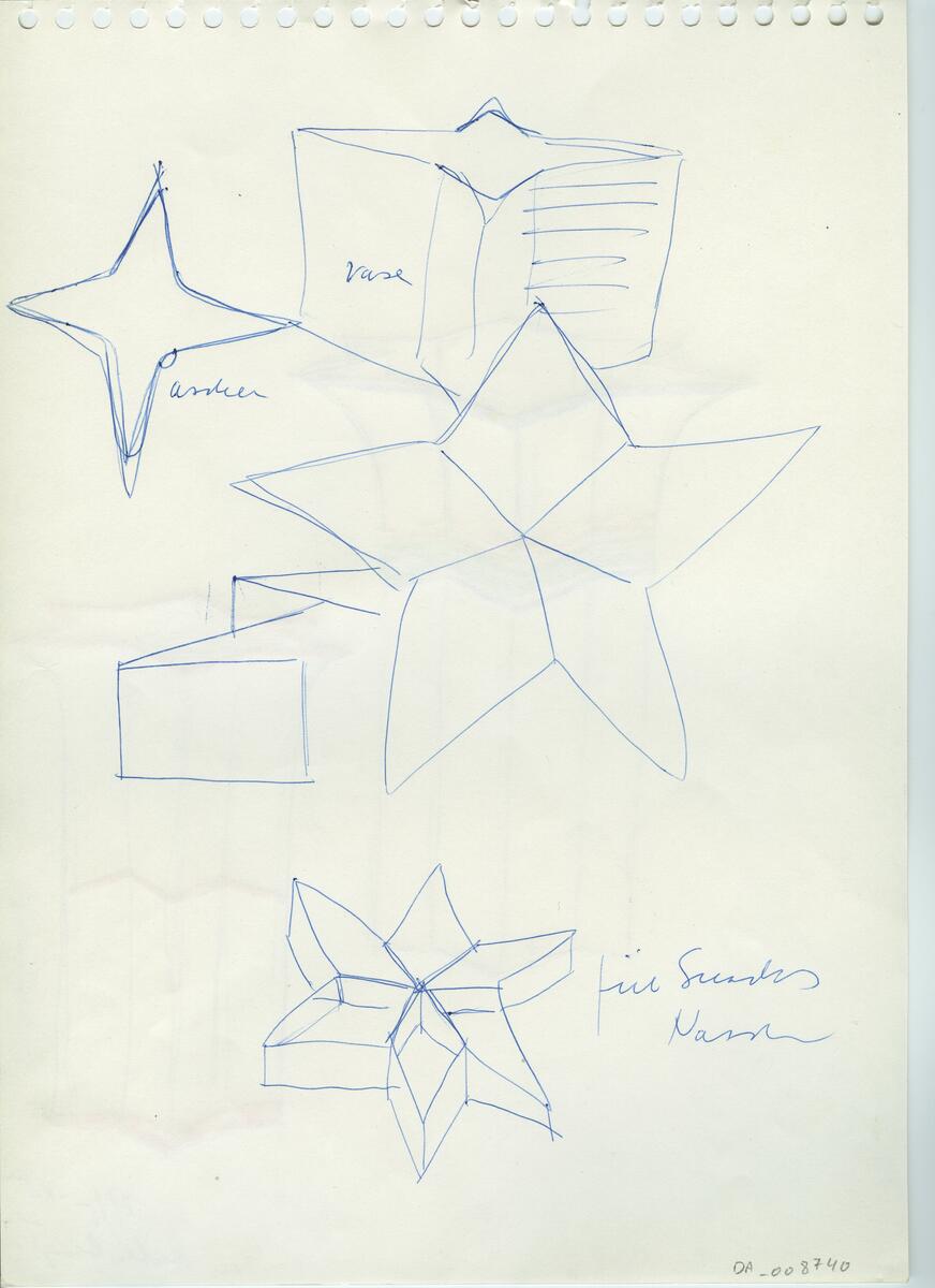 Skisser och referensmaterial till olika porslin- och glasföremål som grytor, kannor, koppar med fat, servisglas m.m. Bland annat formgivning för Rosenthal. Några skisskopior av Tapio Wirkkalas formgivning för Venini - inspirationsmaterial?