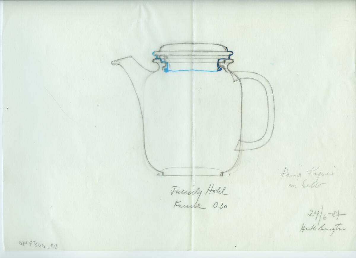 Skisser och referensmaterial till olika porslin- och glasföremål som grytor, kannor, koppar med fat, servisglas m.m. Bland annat formgivning för Rosenthal. Några skisskopior av Tapio Wirkkalas formgivning för Venini - inspirationsmaterial?