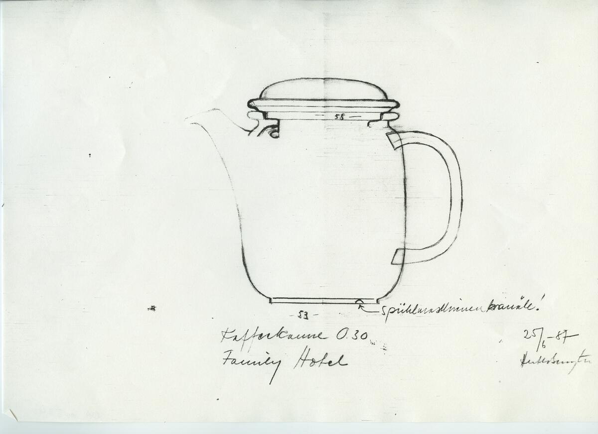 Skisser och referensmaterial till olika porslin- och glasföremål som grytor, kannor, koppar med fat, servisglas m.m. Bland annat formgivning för Rosenthal. Några skisskopior av Tapio Wirkkalas formgivning för Venini - inspirationsmaterial?