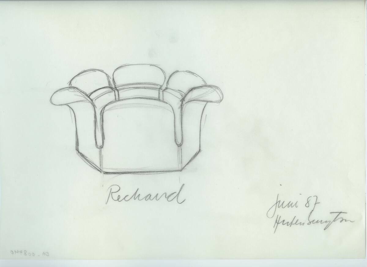 Skisser och referensmaterial till olika porslin- och glasföremål som grytor, kannor, koppar med fat, servisglas m.m. Bland annat formgivning för Rosenthal. Några skisskopior av Tapio Wirkkalas formgivning för Venini - inspirationsmaterial?