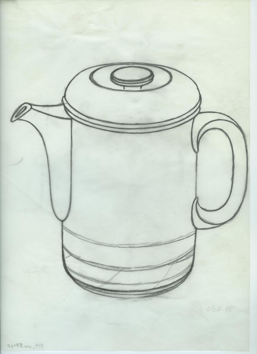 Skisser och referensmaterial till olika porslin- och glasföremål som grytor, kannor, koppar med fat, servisglas m.m. Bland annat formgivning för Rosenthal. Några skisskopior av Tapio Wirkkalas formgivning för Venini - inspirationsmaterial?