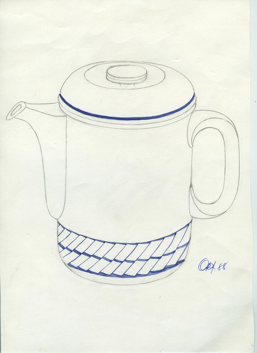 Skisser och referensmaterial till olika porslin- och glasföremål som grytor, kannor, koppar med fat, servisglas m.m. Bland annat formgivning för Rosenthal. Några skisskopior av Tapio Wirkkalas formgivning för Venini - inspirationsmaterial?