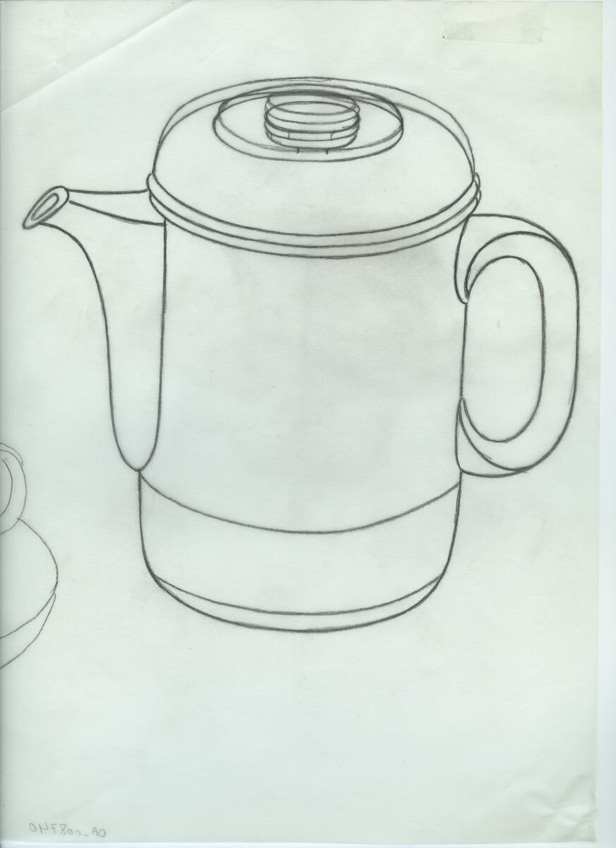 Skisser och referensmaterial till olika porslin- och glasföremål som grytor, kannor, koppar med fat, servisglas m.m. Bland annat formgivning för Rosenthal. Några skisskopior av Tapio Wirkkalas formgivning för Venini - inspirationsmaterial?