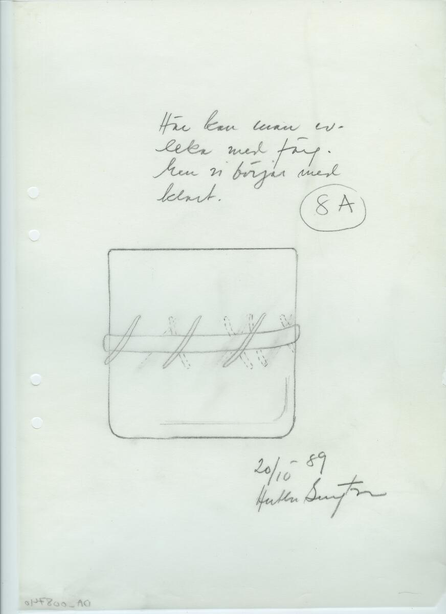 Skisser och referensmaterial till olika porslin- och glasföremål som grytor, kannor, koppar med fat, servisglas m.m. Bland annat formgivning för Rosenthal. Några skisskopior av Tapio Wirkkalas formgivning för Venini - inspirationsmaterial?