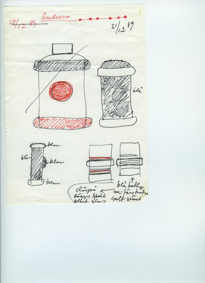 Skisser och referensmaterial till olika porslin- och glasföremål som grytor, kannor, koppar med fat, servisglas m.m. Bland annat formgivning för Rosenthal. Några skisskopior av Tapio Wirkkalas formgivning för Venini - inspirationsmaterial?