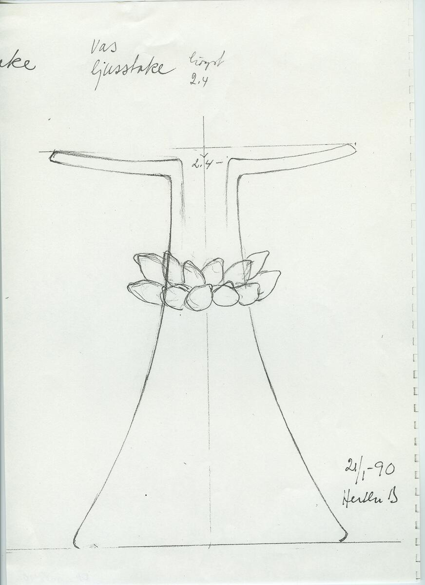 Skisser och referensmaterial till olika porslin- och glasföremål som grytor, kannor, koppar med fat, servisglas m.m. Bland annat formgivning för Rosenthal. Några skisskopior av Tapio Wirkkalas formgivning för Venini - inspirationsmaterial?