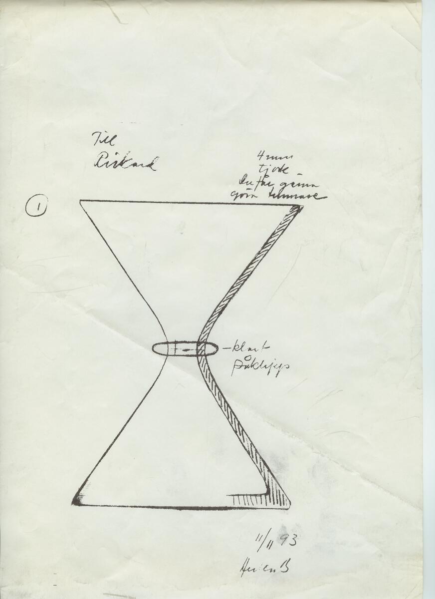 Skisser och referensmaterial till olika porslin- och glasföremål som grytor, kannor, koppar med fat, servisglas m.m. Bland annat formgivning för Rosenthal. Några skisskopior av Tapio Wirkkalas formgivning för Venini - inspirationsmaterial?